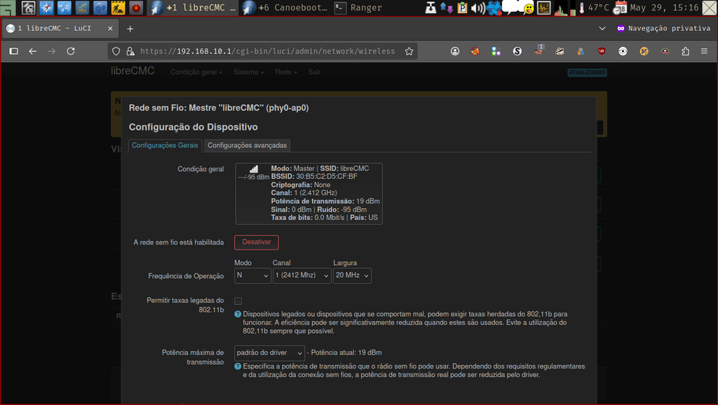 LuCi web-interface - janela de configuração da rede sem fio LuCi web interface - janela de configuração da rede sem fio