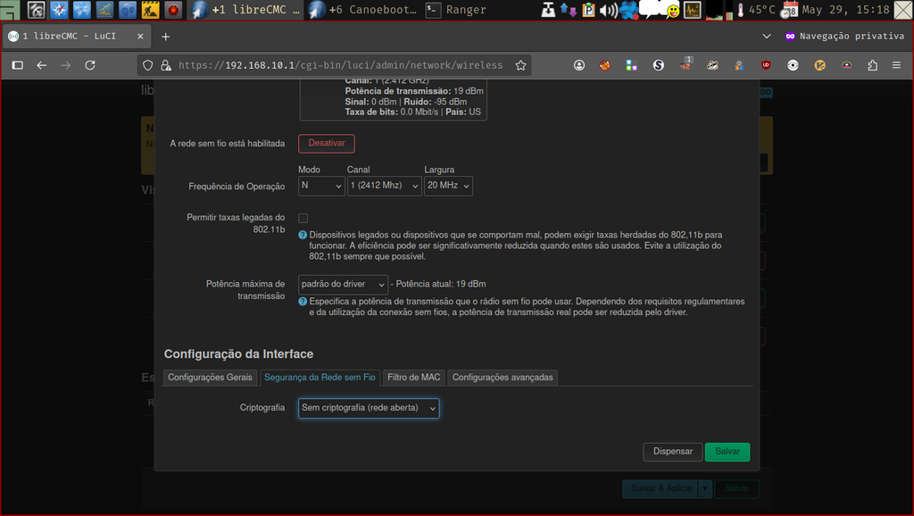 LuCi web-interface - janela de configuração da rede sem fio LuCi web interface - janela de configuração da rede sem fio