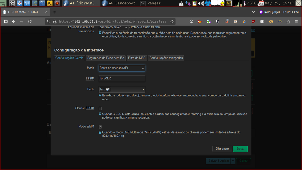 LuCi web-interface - janela de configuração da rede sem fio LuCi web interface - janela de configuração da rede sem fio