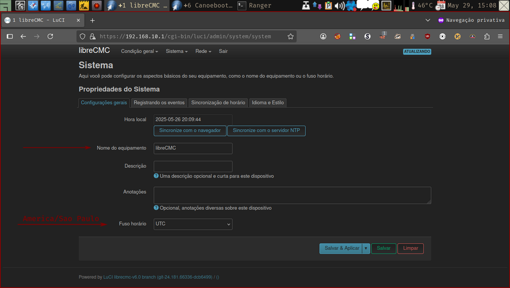 LuCi web-interface - página Sistema, aba Configurações gerais LuCi web interface - página Sistema, aba Configurações gerais