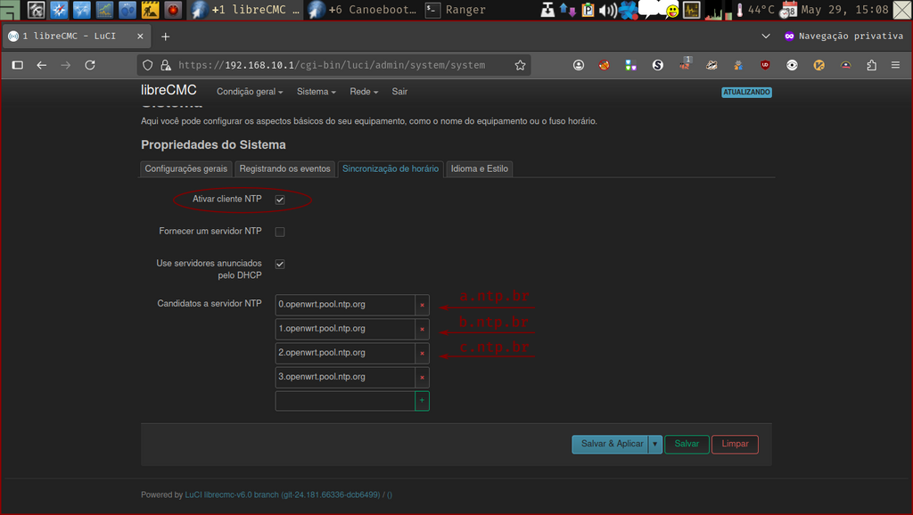 LuCi web-interface - página Sistema, aba Sincronização do horário LuCi web interface - página Sistema, aba Sincronização do horário