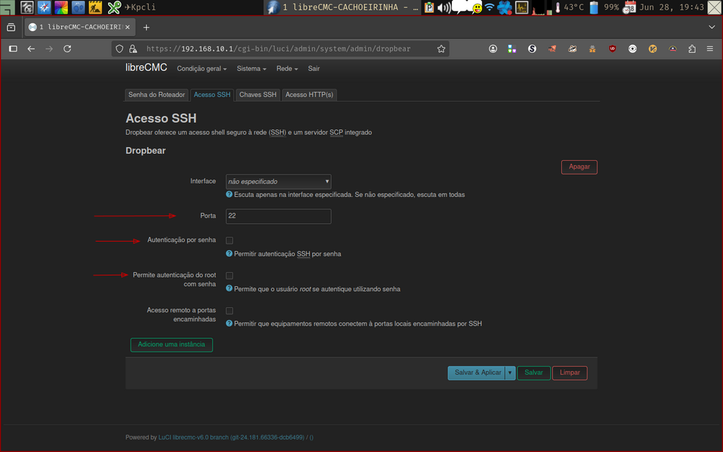 Configuração SSH pela web interface Luci Configuração SSH pela web interface Luci